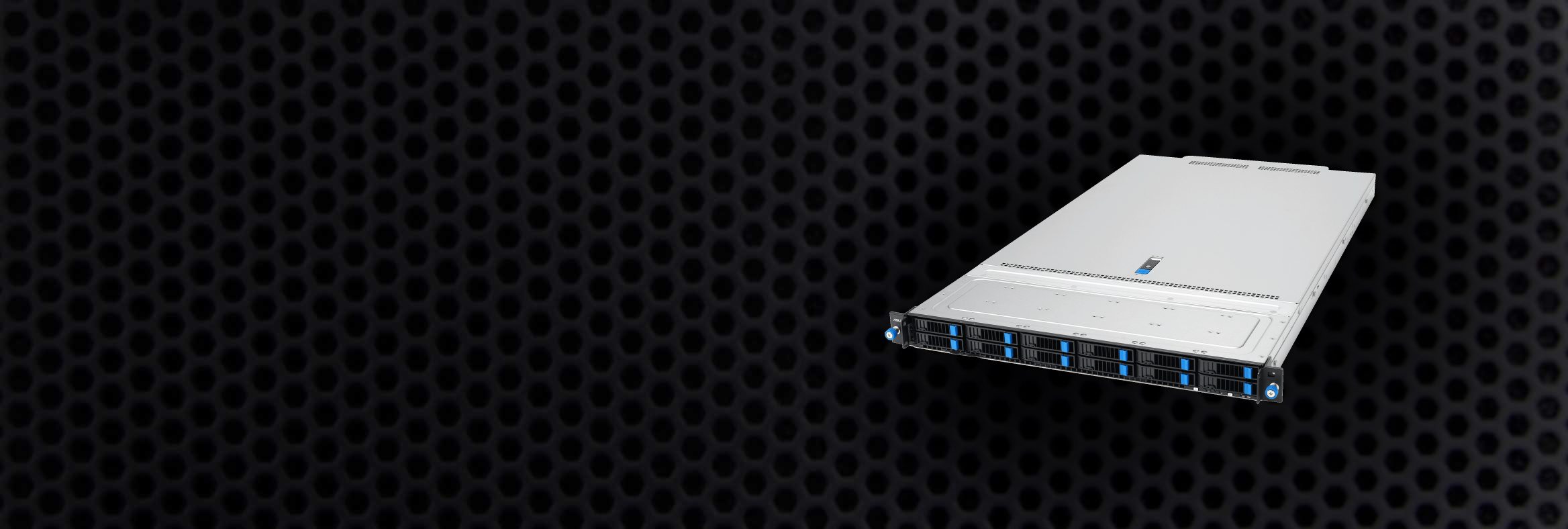 Banner Showing Puget Server E201-1U Based on an ASUS 1U Dual AMD EPYC Barebones Server Overlaid on a Black Textured Background